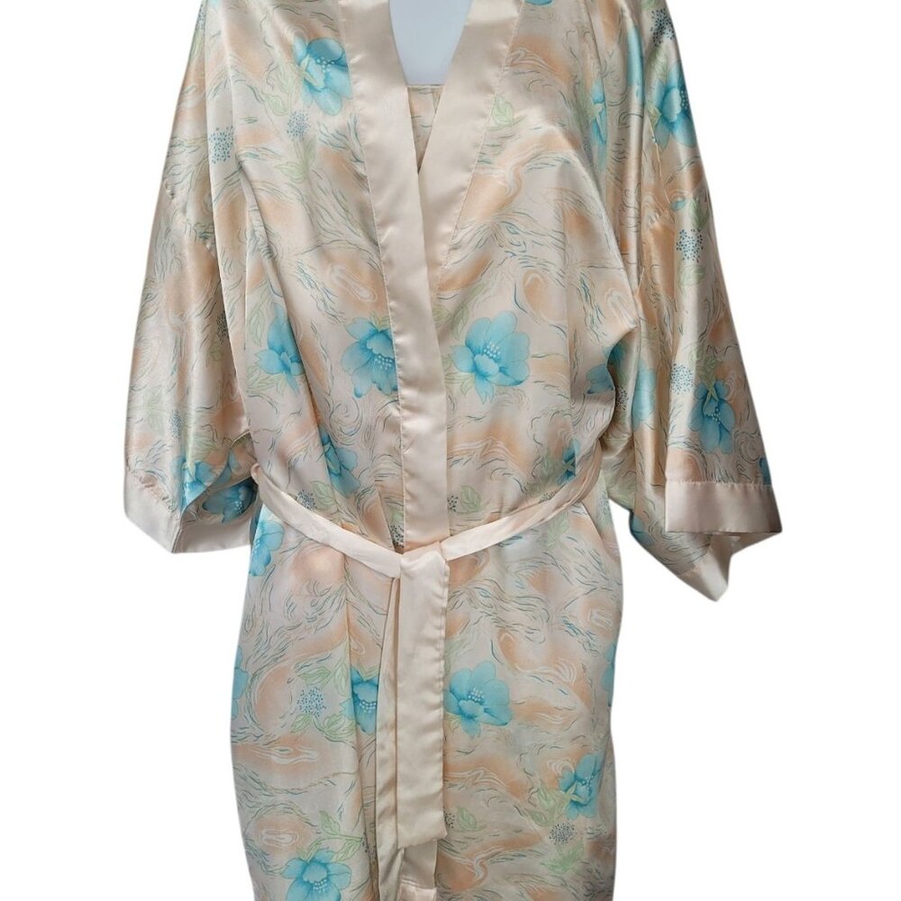 Vintage Contessa Di Roma 2X Blue Peach Floral Satin Robe Nightgown Set